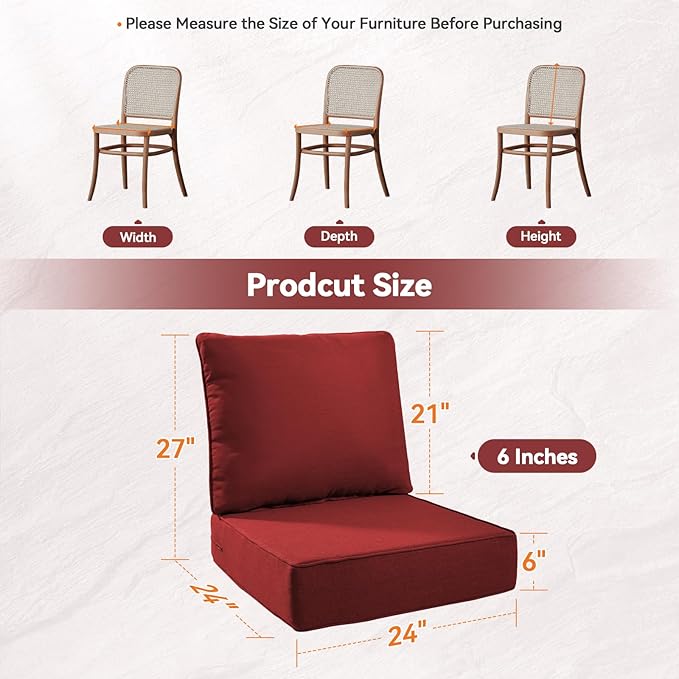 Luxury 6" Outdoor Cushions for Patio Furniture, 24x24x6 Thick Seat Cushion Set of 2, Fade Resistant Couch Chair Replacement Cushions High Density Deep Wicker Chair Cushion w/Removable Cover, Red