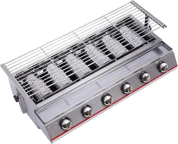 Outdoor Park Grills, 6 Burner Gas BBQ Grill With Adjustable Temperature, Portable Stainless Steel Barbecue Table Top Grill Cooking With Adjustable Height With Food Tray For Families, Barbecue Stores