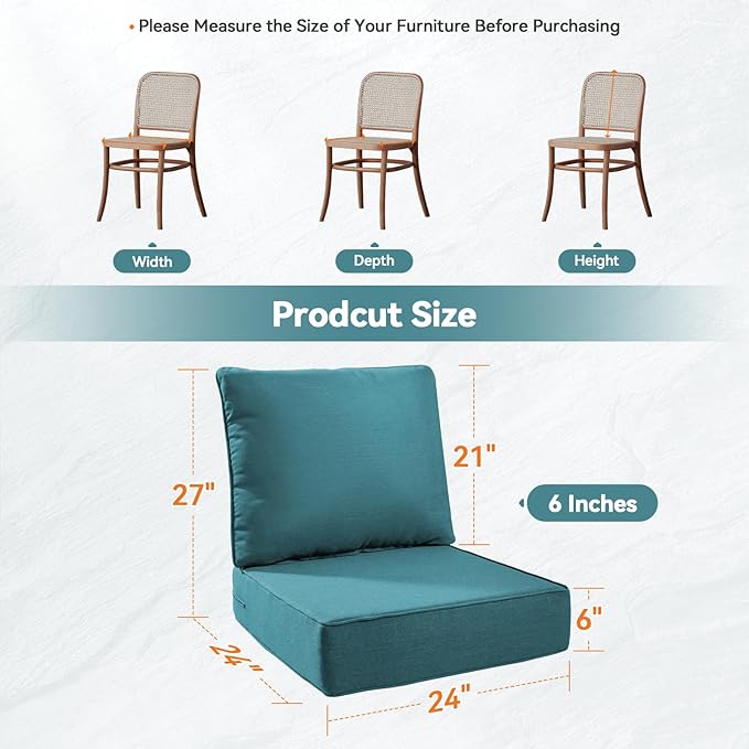 Luxury 6" Outdoor Cushions for Patio Furniture, 24x24x6 Thick Seat Cushion Set of 5, Fade Resistant Couch Chair Replacement Cushions High Density Deep Wicker Chair Cushion w/Removable Cover, Green