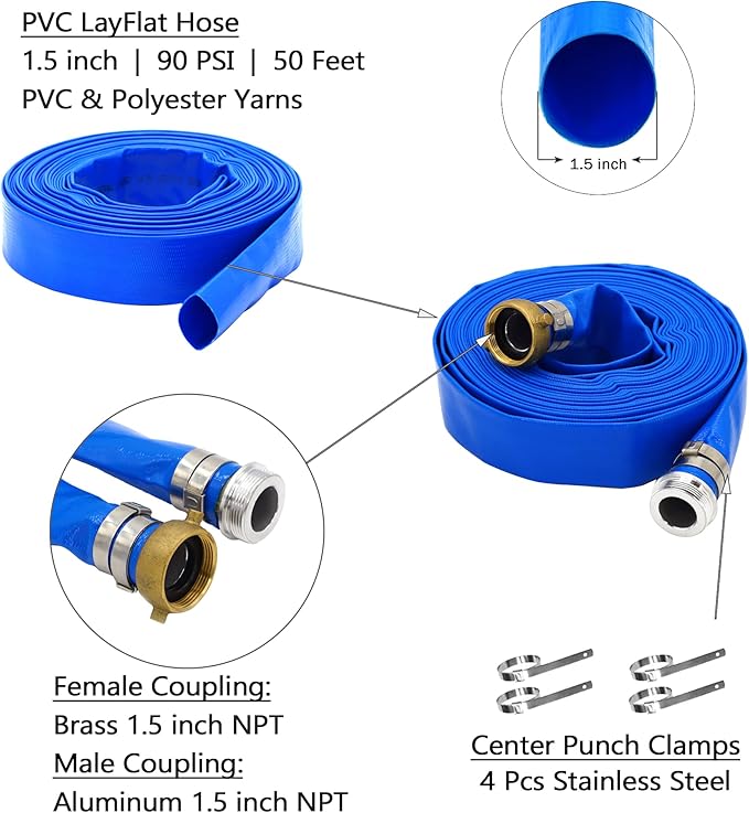 DAVCO 1.5" ID × 50 ft Pool Backwash Hose, Heavy Duty Reinforced Blue PVC Lay Flat Water Discharge Pump Hoses For Swimming Drain Pools and Clean Filters, With Aluminum Pin Lug Fittings