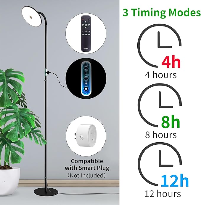 chiphy Grow Lamp, 60W Full Spectrum Grow Lights for Indoor Plants, 4/8/12H Timer, 2300K-6500K, 10 Dimmable Brigntness, 76'' Height Adjustable, Remote Control, Ideal for Tall Large Plants