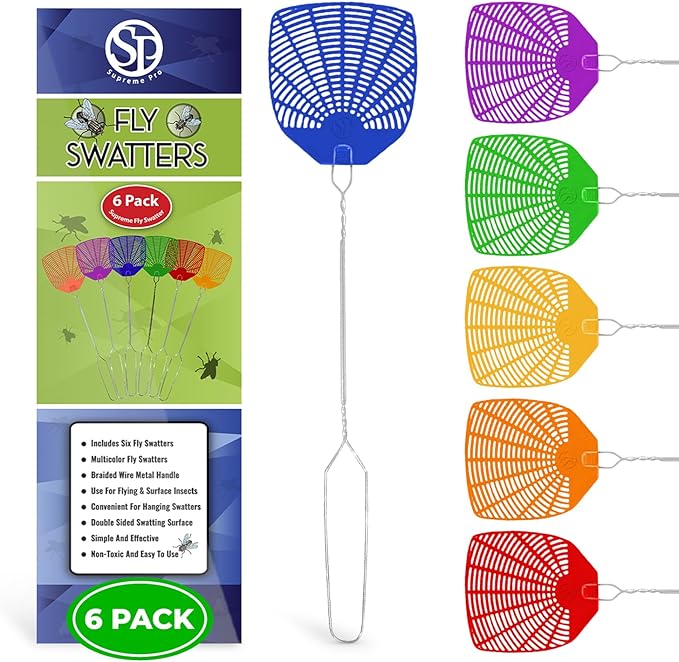 Supreme Bug & Fly Swatter 6-Pack – Braided Metal Handle 6 Pack Fly Swatters, Multi Pack Colors, – for Indoor/Outdoor – Flyswatter