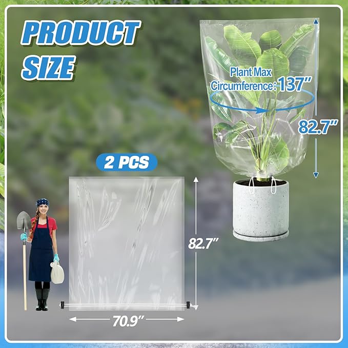 ANPHSIN 2 Pcs Extra Large Winter Plant Cover Freeze Protection - 70.8" x 82.7" Plastic Plant Frost Bags with Drawstring, Waterproof Plant Shelter Coverings for Outdoors Garden Shrubs Palm Fruit Trees
