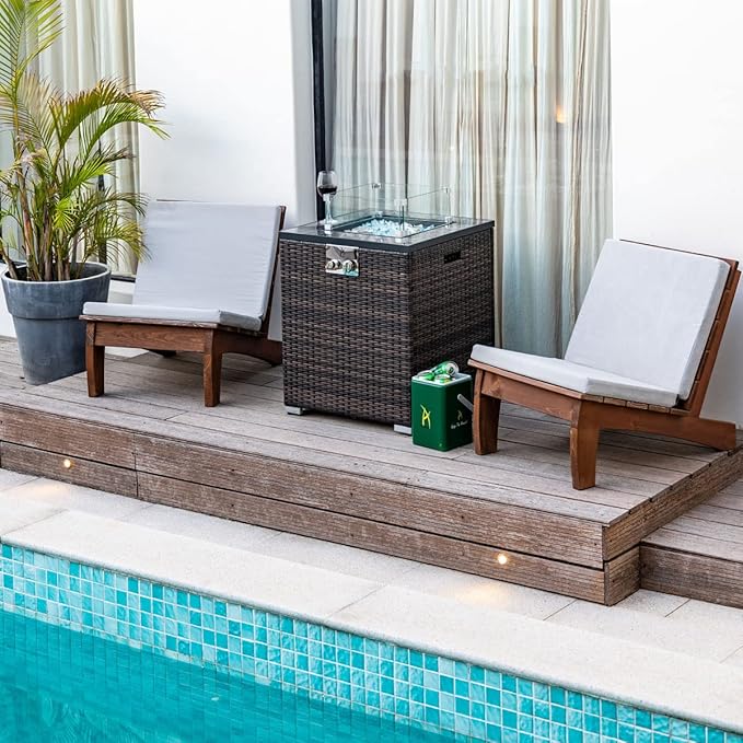 24in Outdoor Propane Gas Fire Pit Table, 40,000 BTU Auto-Ignition Gas Firepit with Glass Wind Guard, Marble Tile Tabletop, Mixed Color Glass Rocks, Brown PE Rattan