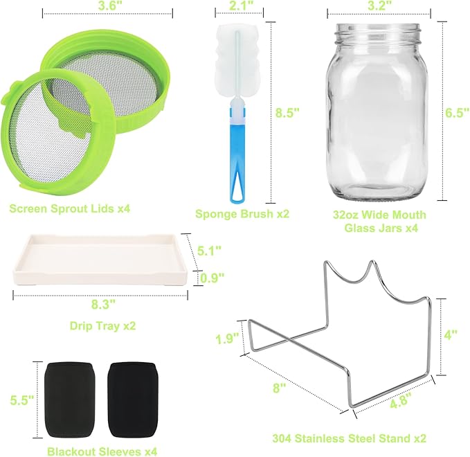 Lulonpon Sprouting Kit, 4 Sprouting Jar Kits, Wide Mouth Quart Mason Jars with Stainless Steel Screen Sprout Lids,1000ml Sprouts Growing Kit, Seed Sprouter Set for Growing Broccoli, Bean, Alfalfa 