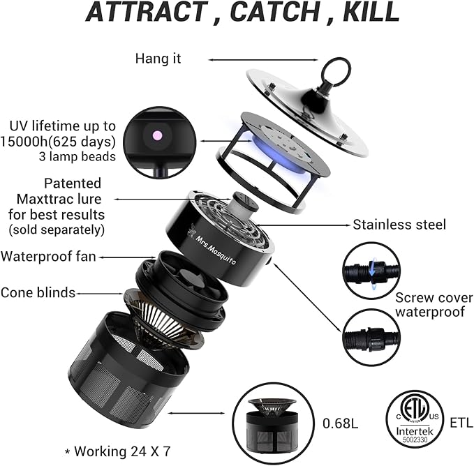 Outdoor Mosquito Trap β Premium Stainless Steel Insect Killer with UV Light & Octenol Lure, Rainproof, Ultra-Quiet, 15,000-Hour Lamp Life, Safe for Family & Pets