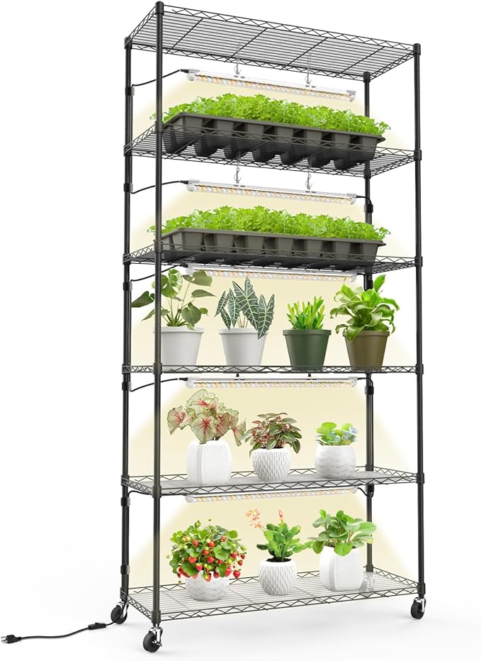 Plant Shelf with Grow Light with Timer, Metal Plant Stand with Adjustable Rack and Wheels, 5 Pack T8 Full Spectrum Grow Light Strip for Indoor Plants, Seed Starting, Seed Tray, 35.4"x13.8"x71"