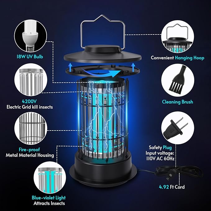 Bug Zapper Indoor - Bug Zapper Fly Zapper with Extra Bulb 4200V Mosquito Zapper Outdoor Mosquito Killer Fly Traps Insect Killer for Home Patio Camping, Plug-in with 4.92 Ft Cord