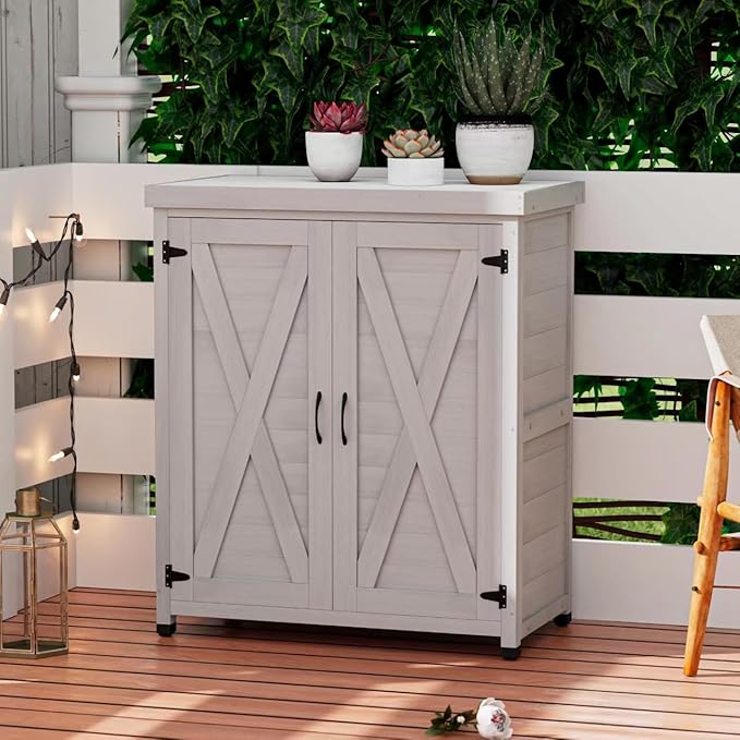Outdoor Storage Cabinet Garden Potting Bench Table with Metal Tabletop, Solid Wood Planting Work Bench Table for Backyard Patio Lawn, 31×18×36" (Grey)