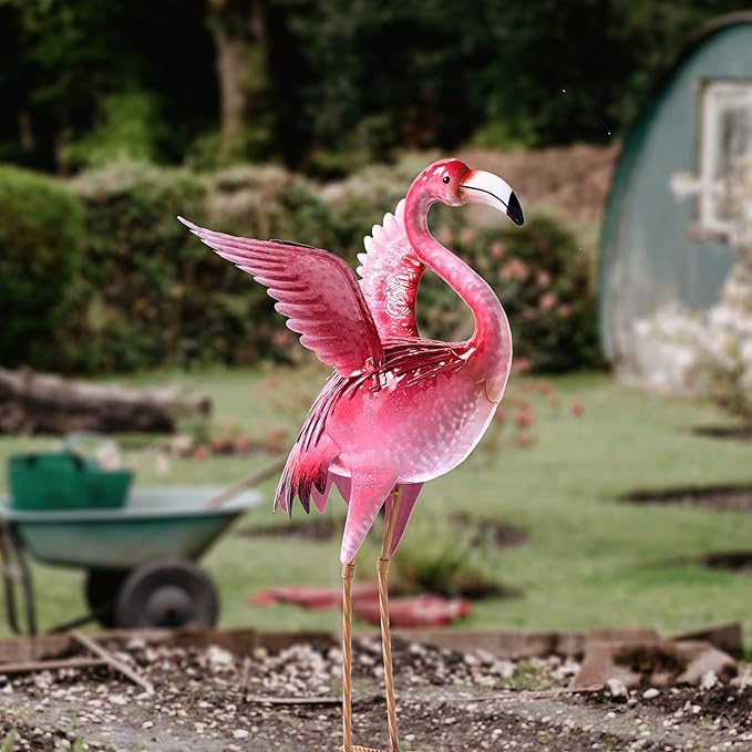 Garden Flamingo Statues and Sculptures, Outdoor Metal Bird Yard Art, Pink Flamingos Lawn Ornament for Patio Backyard Porch Decorations