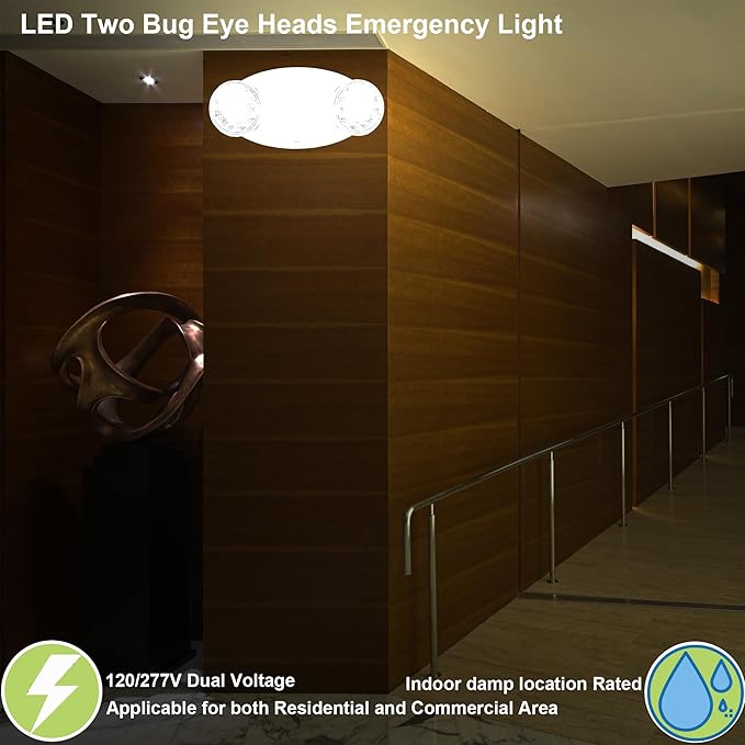 LIT-PaTH LED Emergency Lighting Fixtures with 2 LED Bug Eye Heads and Back Up Batteries- US Standard Exit Light, UL 924 and CEC Qualified, 120/277 Voltage, White, 4-Pack
