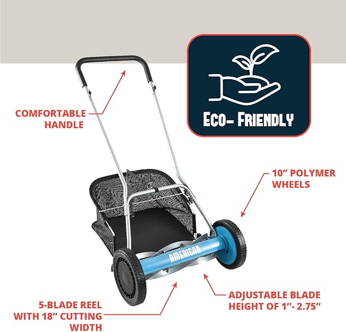 American Lawn Mower Company 1804-18 18-Inch 5-Blade Walk Behind Reel Lawn Mower with Grass Catcher