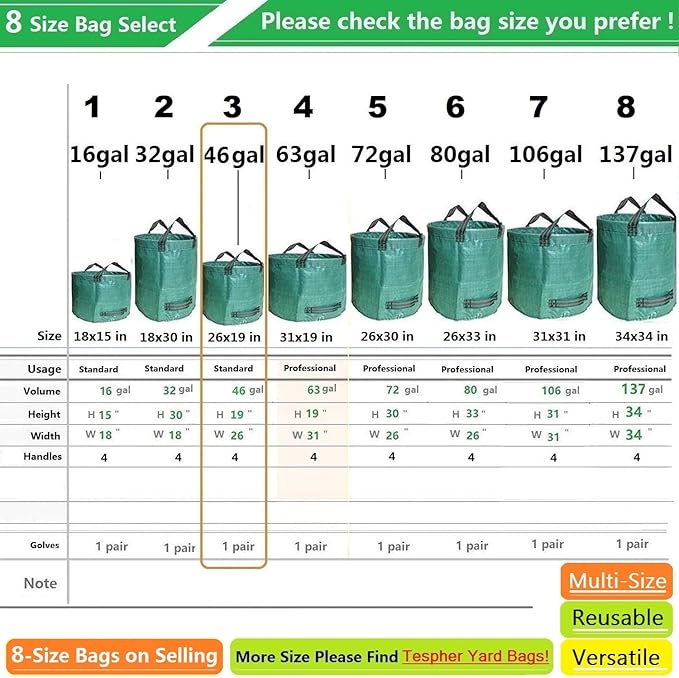 Standard 2-Pack 46 Gallon Yard Garden Bags (D26, H19 inch) with Gloves for Yard Waste Bags,Lawn Debris,Weeds Bag,Recycle Bin,Laundry Container,Camping Waste Bin,Lawn Grass Clippings,Leaf Bag 4 Handles