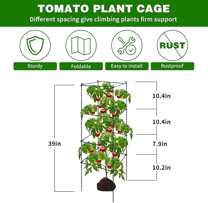 6 Packs Tomato Cages for Garden, 12"×12"×39" Plant Support Cage with Different Spacing, Green Metal Trellis for Climbing Plants Like Cucumber, Flowers