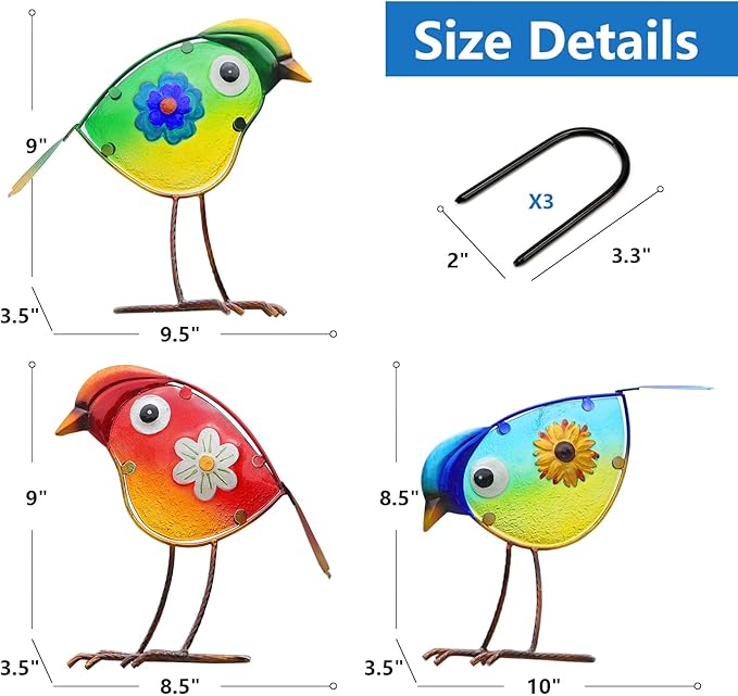 Bird Garden Decor for Outside, Glass & Metal Yard Art Decorations Outdoor Decor for Patio Backyard, Gift for Women Grandma Mom(3 Pack)