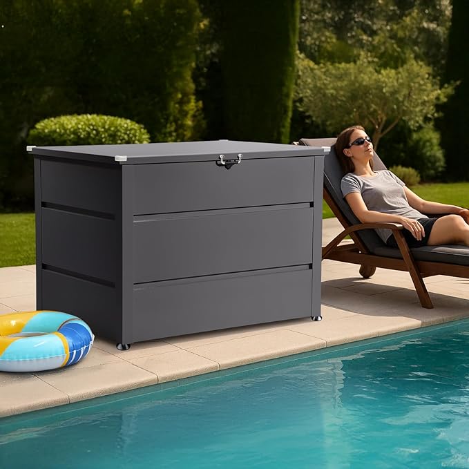 Quictent Deck Box outdoor 150 Gallon, Easy Assemble Metal Storage Box,Lockable Waterproof storage cabinet for Patio Furniture Cushions, Throw Pillows, Garden Tools and Pool Toy,Gray