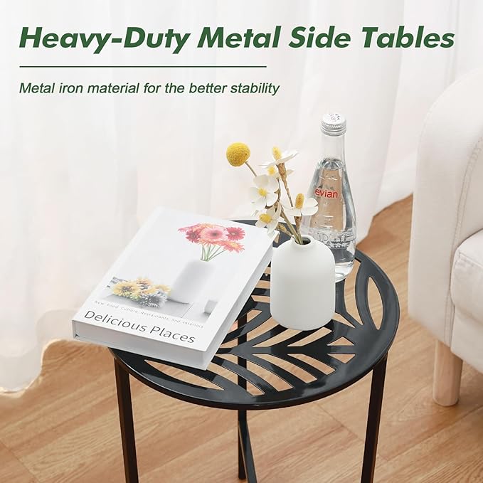 Party Zealot 1 Pack 13" Metal Outdoor Side Tables Small Black Outside End Table for Patio Round Accent Corner Stand for Small Spaces Weather-Resistant Coffee Table for Balcony Porch Plant Stand, Leaf