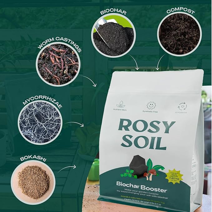 Rosy Soil Biochar Booster - Biochar Soil Amendment for Flowers and Vegetable Gardens - Horticultural Charcoal for Outdoor and Indoor Plants - Biochar Supplement for Potting Soil & Potting Mixes - 8qt