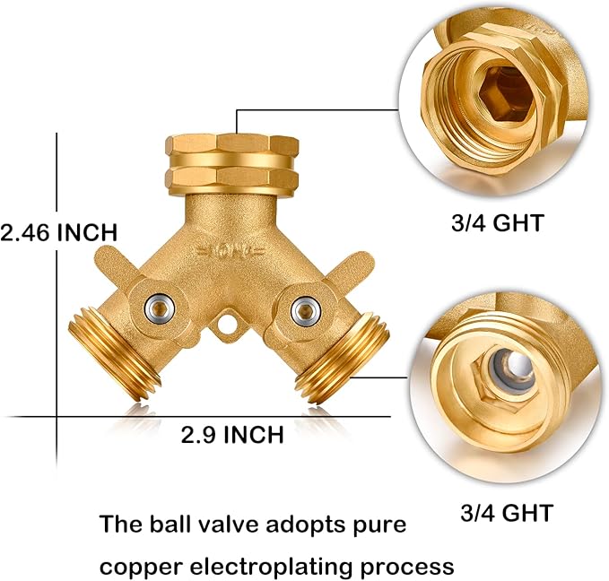 Garden Hose Splitter, 2 Way Connector Heavy Duty Brass,Garden Faucet,Splitter for Outdoor Faucet,Hose y Splitter, Hose Bib Splitter, Adapter with Comfortable Grip Shut Off Valves 1Pcs