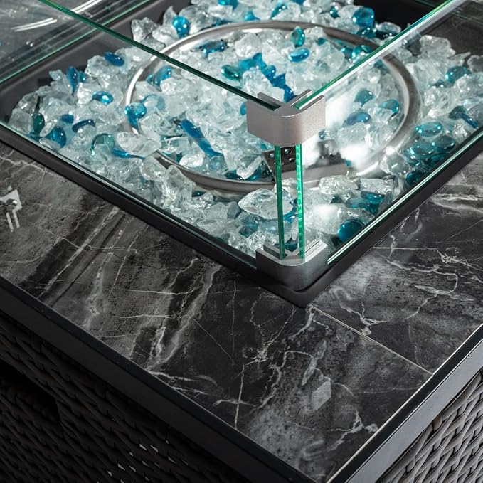 24in Outdoor Propane Gas Fire Pit Table, 40,000 BTU Auto-Ignition Gas Firepit with Glass Wind Guard, Marble Tile Tabletop, Mixed Color Glass Rocks, Brown PE Rattan