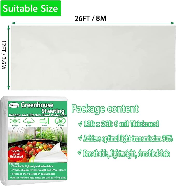 12FTx26FT Greenhouse Plastic Sheeting, 6 Mil Thick Clear Polyethylene Film, Waterproof Wind Frost Dust UV Resistant Green House Plastic Covering for Outdoor Plant, Garden, (12ft x 26ft)