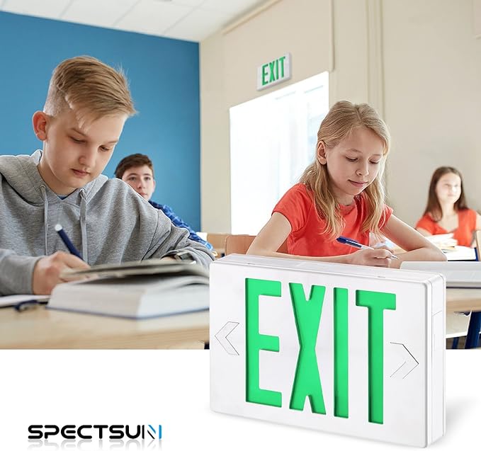 SPECTSUN 4 Packs LED Exit Sign, Emergency Exit Light with Battery Backup, Double Face, UL 924, AC 120/277V, Damp Location, Hardwired Green Letter Exit Lights for Business.