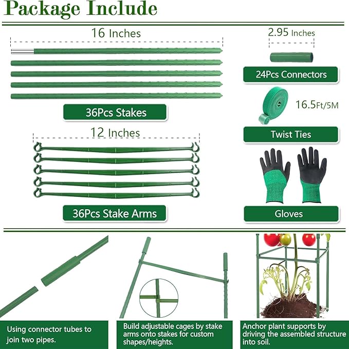 3Pack 12" Width Up to 48" Height Adjustable Square Tomato Cages for Garden, Plant Support Stakes for Climbing Vegetable, Tomatoe, Flower, with Twist Ties Snap-On Stake Arms