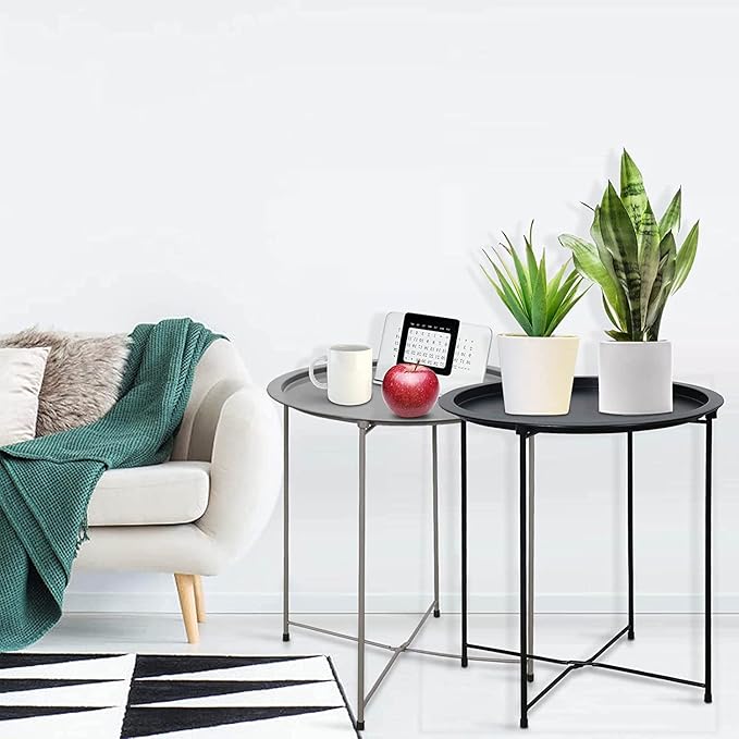 Garden 4 you Folding Tray Metal Side Table 2PC Grey Round End Table Cyan Sofa Small Accent Fold-able Table, Round End Table Tray, Next to Sofa Table, Snack Table for Living Room and Bed Room