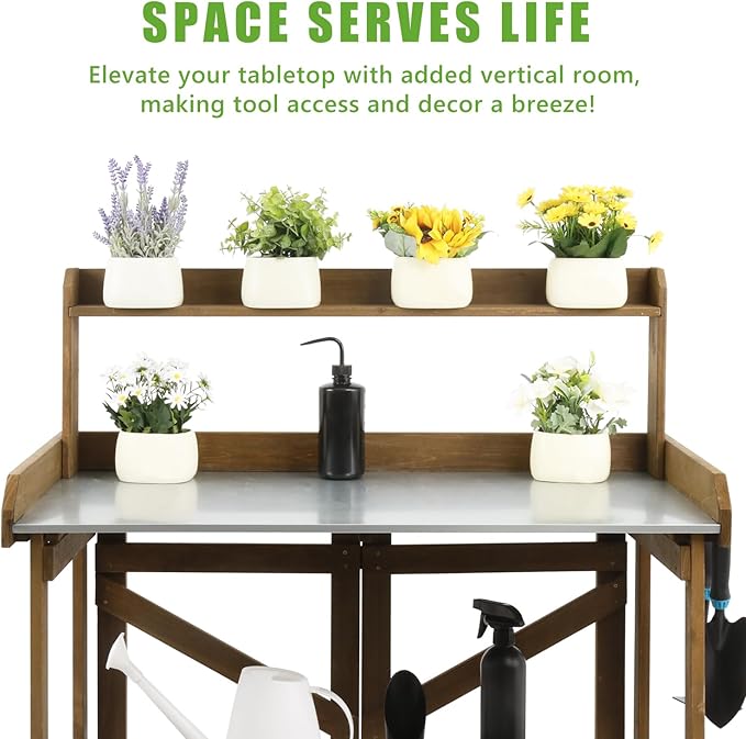 Folding Garden Potting Bench Table,Outdoor Wooden Work Station W/Metal Table Top,2 Tier Open Storage Rack,Top Shelf-Natural Stained