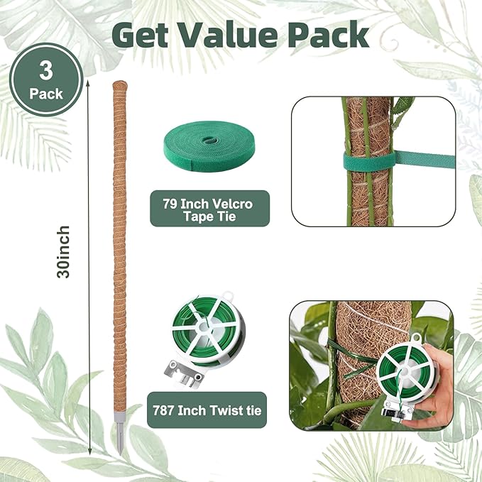 3 Pack Moss Pole, 30 Inch Monstera Plant Support, Moss Poles for Climbing Plants Indoor DIY, Coco Coir Plant Pole Moss Plant Stick Support Stake Kit for Potted Plants, Pothos, Philodendron
