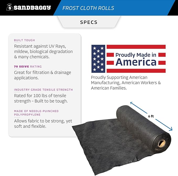 Sandbaggy Frost Cloth Rolls (6 ft x 25 ft) | Winter Cover for Shrubs, Trees, Gardens | Plant Blanket, Freeze Protection | Black, 4 oz Polypropylene (1 roll)