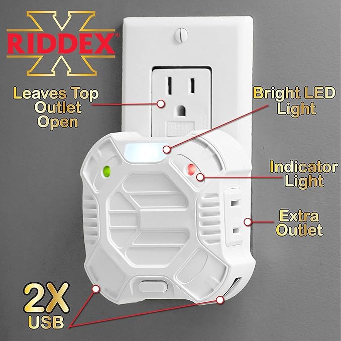 Riddex X Plus Insect Repellent - Plug in, Mouse Deterrent - Pest Reject for Defense Against Rats, Mice, Roaches, Bugs and Insects - Control Pests with No Toxins, 2-Pack