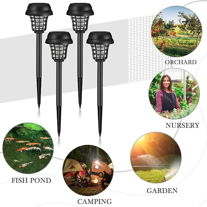 Qualirey 4 Pcs Solar Bug Zapper Waterproof Outdoor Mosquito Zapper Killer and Lighting Repellent Lamp for Indoor Outdoor Use Garden Patio, Purple and White Light(Plastic,Retro Black)