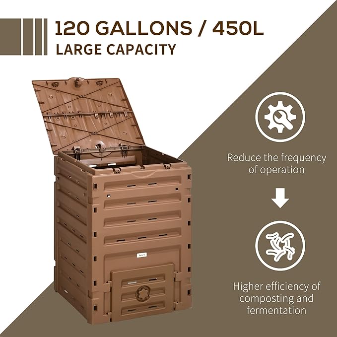 Compost Bin Outdoor 120 Gallon (450L) Garden Composter, BPA Free, with 80 Vents and 2 Sliding Doors, Lightweight Outdoor Compost Box for Garden, Kitchen, and Yard Waste, Brown