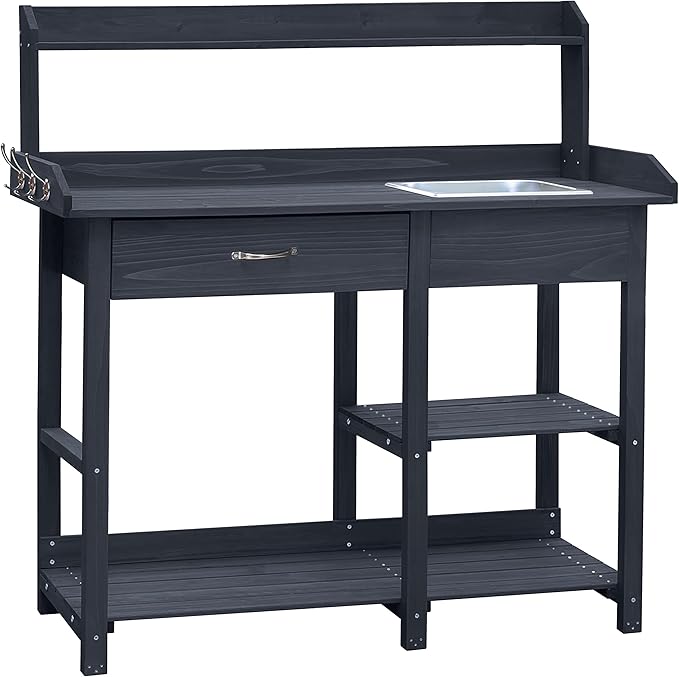MUPATER Potting Bench Garden Table for Outdoors with Removable Stainless Sink, Planting Work Bench with Storage Shelves and Drawer, Grey