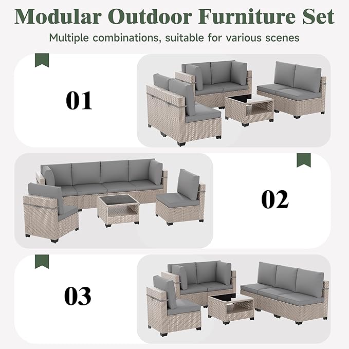 8 Pieces Patio Furniture Set with Fire Pit Table, Outdoor Sectional Wicker Sofa with Thick Cushions and Storage Coffee Table, Rattan Patio Conversation Sets, Grey