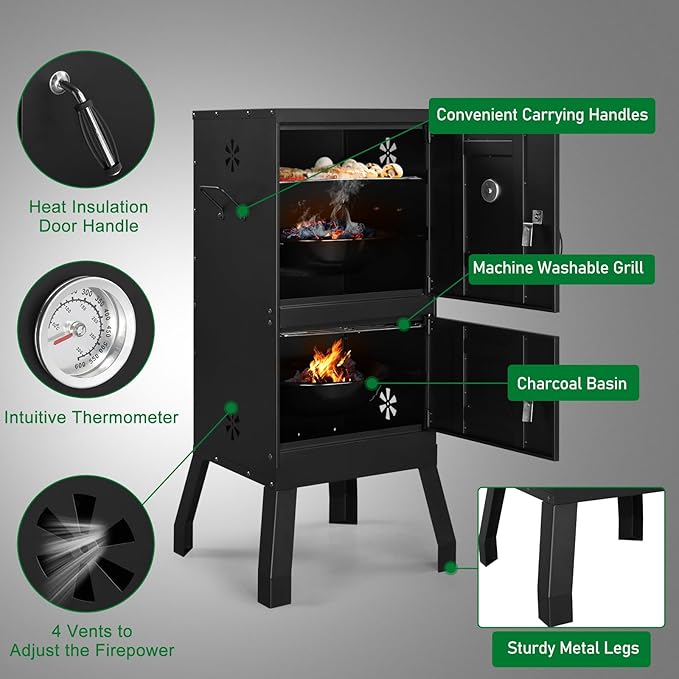 BBQ Smoker Grill with 2 Doors, Vertical Charcoal Smoker with 2 Detachable Grill Racks, Charcoal Pan & Water Pan, Outdoor Meat Smoker with Thermometer, 4 Air Vents, Idea for Parties, Backyard