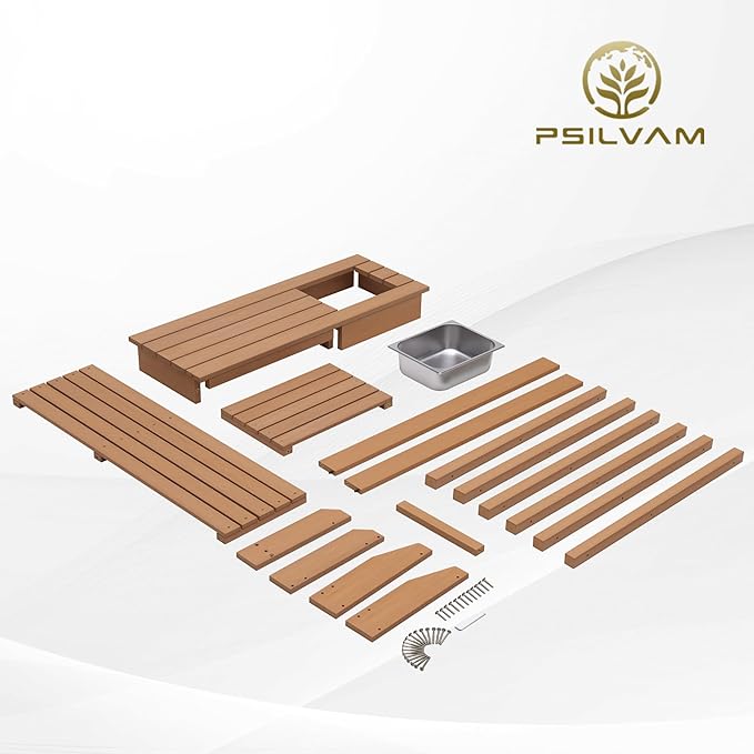 Psilvam Outdoor Potting Bench with Sink for All-Weather Gardens, HDPE Potting Benches for Outside, Planting Table for Garden, Patio and Lawn (Teak Color)
