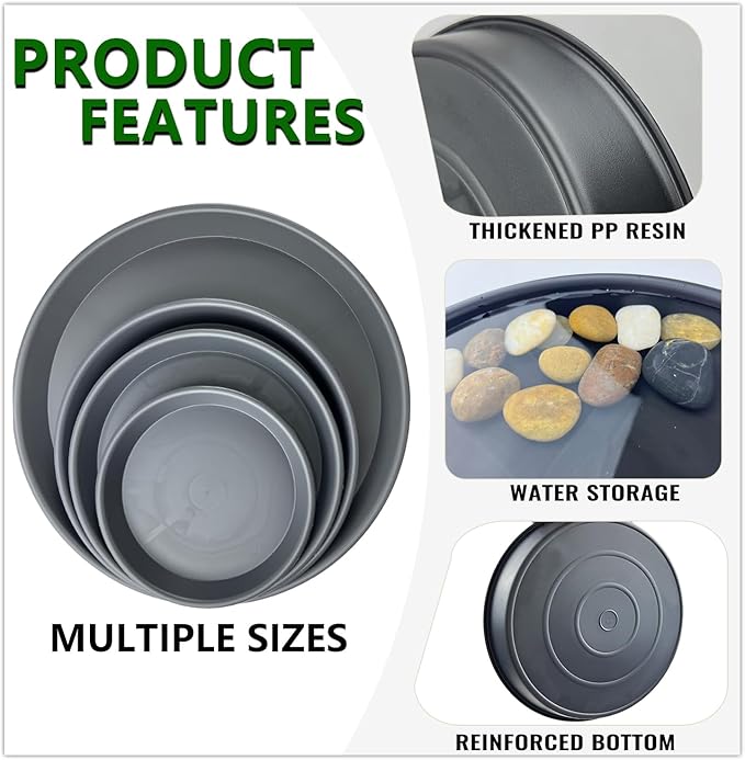 9 Pack Gray Plant Saucer Set, 3×8 inch 3×10 inch 3×12 inch Durable Heavy Duty Plastic Pot Trays, Large Planter Saucers Water Catcher Plates, Round Drip Trays for Indoor Outdoor Gardening