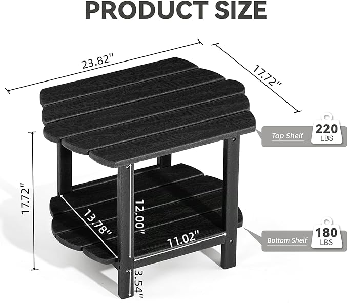 Small Outdoor Side Tables Modern 2-Tier Adirondack Table Rustic End Table HDPE Storage Shelf Industrial Corner Rectangle Coffee Table for Patio Garden Balcony Backyard Pool Farmhouse Home Black