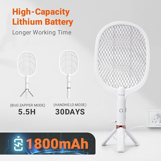 Electric Fly Swatter Racket, Rechargeable Fly Zapper - 4000 Volt, Exclusive 2-in-1 Bug Zapper Racket - USB Charging, 1800mAh Li-Battery, Indoor & Outdoor Use, White, 2 Packs