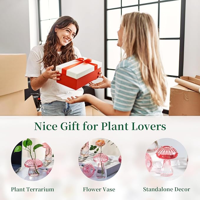 Hewory Mushroom Jars for Plants, 5pcs Pink Glass Mushroom Bud Vase for Flowers, Unique Plant Propagation Stations Propagating Vases Decor, Mini Cute Hydroponic Terrarium Planter for Indoor Planters