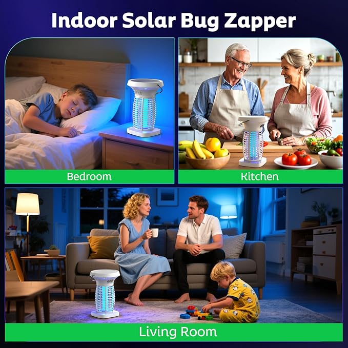Bug Zapper Outdoor with Solar Panel, Electric Mosquito Zapper Waterproof Rechargeable Wireless for Indoor Outdoor