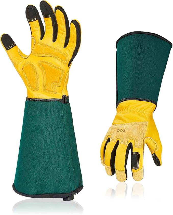 Vgo... Safety Work Gloves Men,Extra-long Cuff, Cow Grain Leather,Puncture-proof, Thornproof, Durability, Touchscreen,Gardening (1 Pair,Size XL, Golden Green, CA7472)