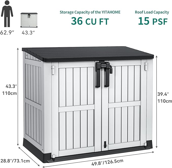 YITAHOME 36 cu ft Resin Outdoor Storage Shed, Weather-Resistant Horizontal Tool Shed, Waterproof Outdoor Storage with Lockable Doors & Air Vent for Trash Cans, Garden Tools (Light Gray)
