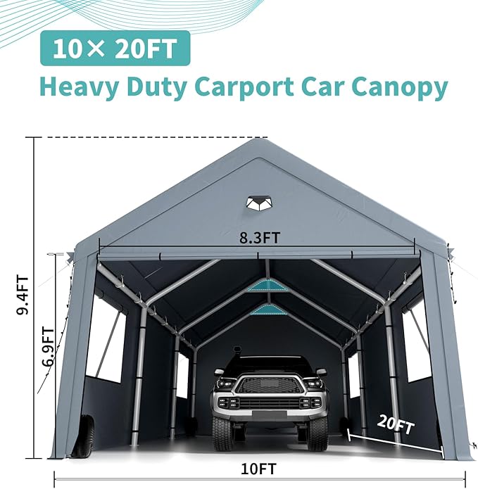 Carports 10X20 Heavy Duty,Car Ports with 180G Removable Side Walls, Carport Canopy, Portable Car Port Garage, Car Shelter All Weather,Gray