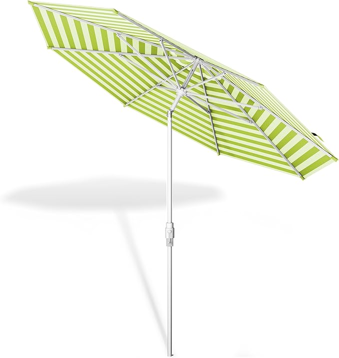 Midtown Umbrellas The Swilt 8 Feet Patio Umbrella in Terylast Pear Stripes (Green/White) Polyester Fabric - Fiberglass Ribs, Auto-Tilt Aluminum Frame For Backyard, Deck, Garden, Pool - White Pole