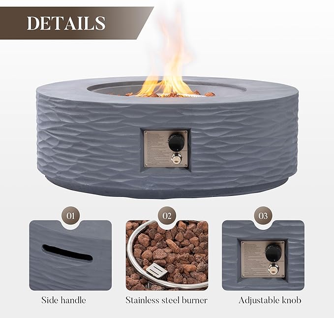 Cosiest Propane Fire Pit for Outside, 35 in Round Gas Fire Pits for Outdoor Patio, CSA Certified, 50000 BTU Concrete Rectangle Base with Rain Cover, Free Lava Rocks