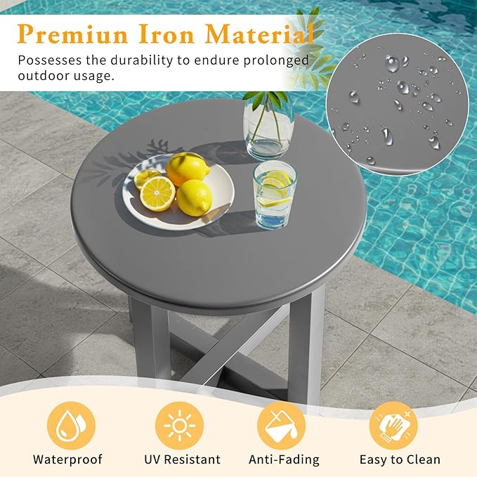 VINGLI Round Outdoor Side Table, Small Metal Outdoor Table Patio End Tables for Balcony, Porch, Garden and Poolside (Grey)