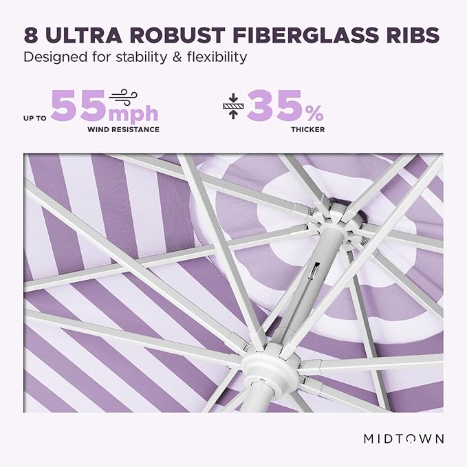 Midtown Umbrellas The Swilt 8 Feet Patio Umbrella in Terylast Midtown Stripes Purple/White Polyester Fabric - Fiberglass Ribs, Auto-Tilt Aluminum Frame For Backyard, Deck, Garden, Pool - White Pole